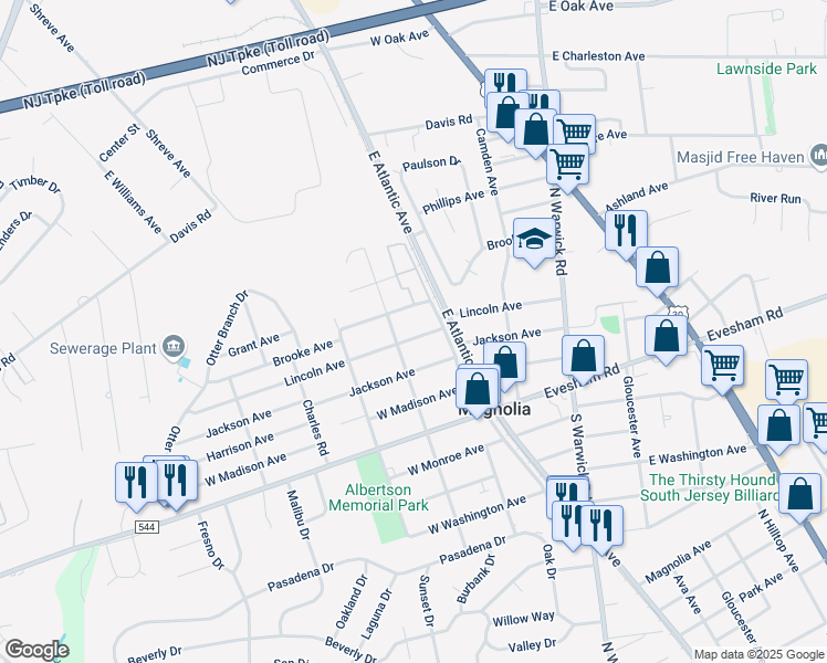 map of restaurants, bars, coffee shops, grocery stores, and more near 325 Lincoln Avenue in Magnolia