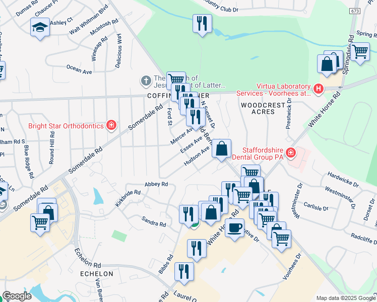 map of restaurants, bars, coffee shops, grocery stores, and more near 1101 Essex Avenue in Voorhees Township