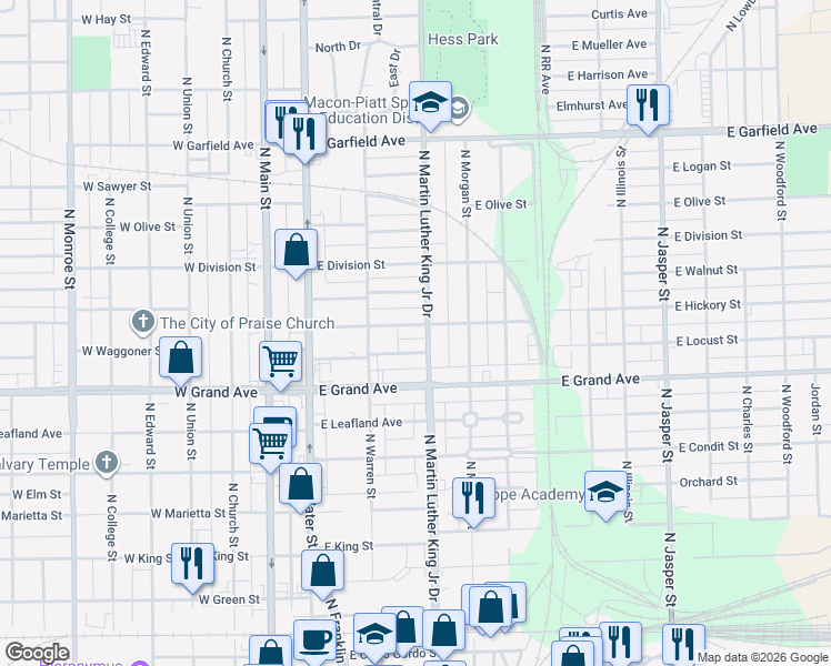 map of restaurants, bars, coffee shops, grocery stores, and more near 1401-1499 N Martin Luther King Jr Dr in Decatur