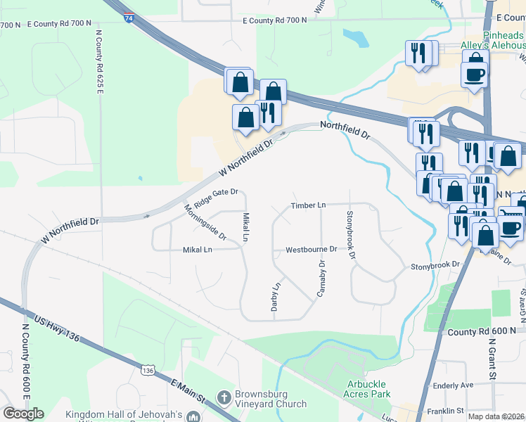 map of restaurants, bars, coffee shops, grocery stores, and more near 21 North Tocovi Court in Brownsburg