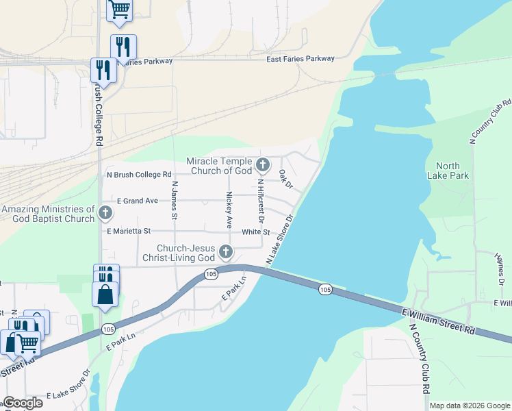 map of restaurants, bars, coffee shops, grocery stores, and more near 1171 North Hillcrest Drive in Decatur