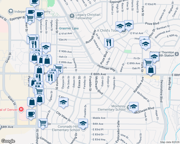 map of restaurants, bars, coffee shops, grocery stores, and more near 1511 East 88th Avenue in Thornton
