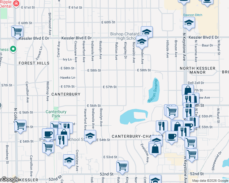 map of restaurants, bars, coffee shops, grocery stores, and more near 5651 Ralston Avenue in Indianapolis