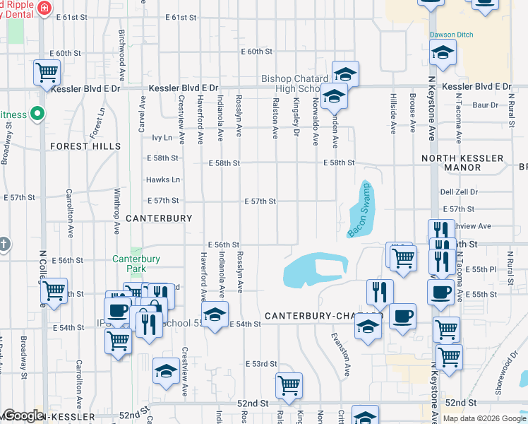map of restaurants, bars, coffee shops, grocery stores, and more near 5650 Primrose Avenue in Indianapolis