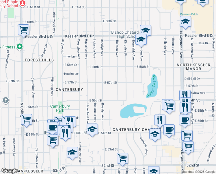 map of restaurants, bars, coffee shops, grocery stores, and more near 5650 Primrose Avenue in Indianapolis