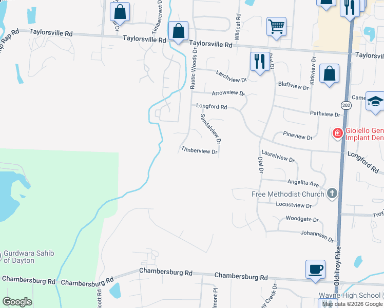 map of restaurants, bars, coffee shops, grocery stores, and more near 4924 Timberview Drive in Dayton