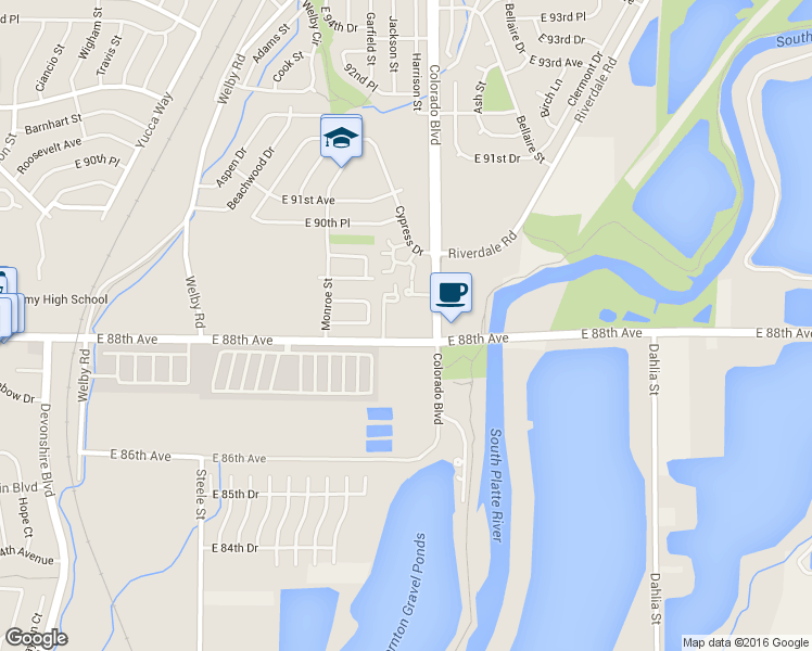 map of restaurants, bars, coffee shops, grocery stores, and more near 8813 Colorado Boulevard in Thornton