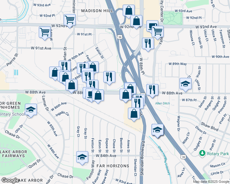 map of restaurants, bars, coffee shops, grocery stores, and more near 5471 West 88th Avenue in Westminster