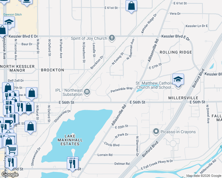 map of restaurants, bars, coffee shops, grocery stores, and more near 5626 Spindrift Lane in Indianapolis