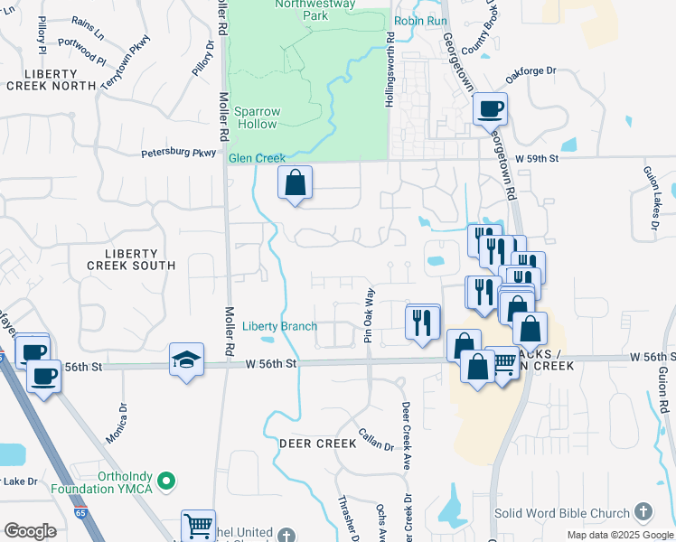 map of restaurants, bars, coffee shops, grocery stores, and more near 5142 Pin Oak Drive in Indianapolis