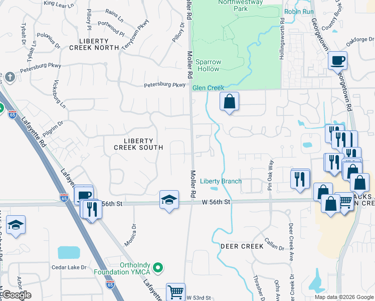 map of restaurants, bars, coffee shops, grocery stores, and more near 5749 Rosemont Drive in Indianapolis
