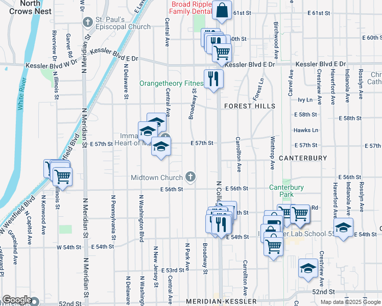 map of restaurants, bars, coffee shops, grocery stores, and more near 5682 Broadway Street in Indianapolis