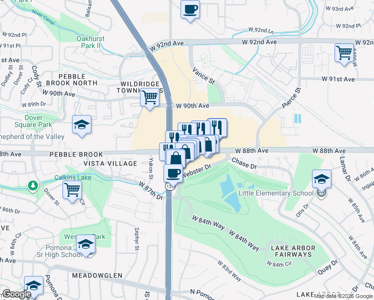 map of restaurants, bars, coffee shops, grocery stores, and more near 7515 West 88th Avenue in Westminster