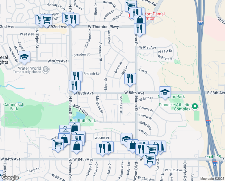 map of restaurants, bars, coffee shops, grocery stores, and more near 8801 Bruce St in Thornton