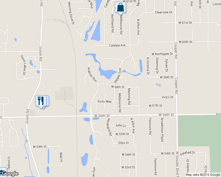 map of restaurants, bars, coffee shops, grocery stores, and more near 3621 W 58th St in Indianapolis