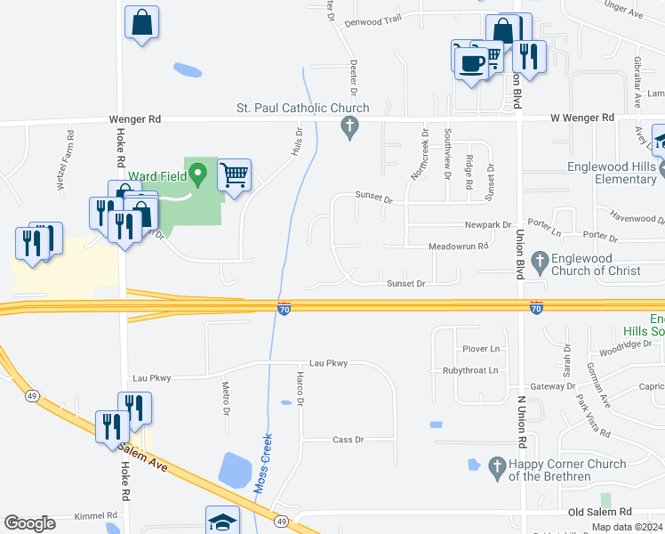 map of restaurants, bars, coffee shops, grocery stores, and more near 1018 Sunset Drive in Englewood