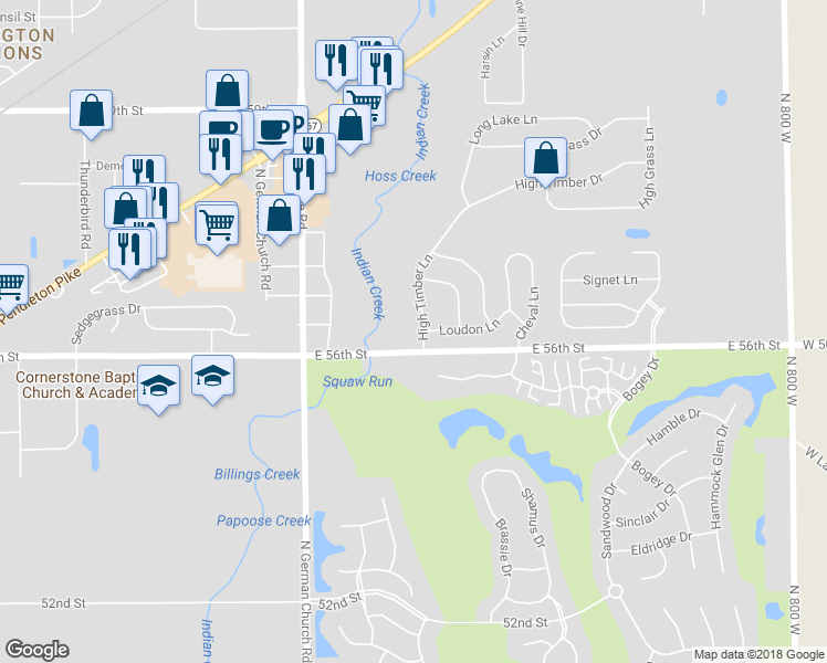 map of restaurants, bars, coffee shops, grocery stores, and more near 5618 High Timber Lane in Indianapolis