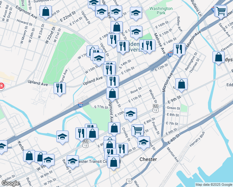 map of restaurants, bars, coffee shops, grocery stores, and more near 1143 Madison Street in Chester