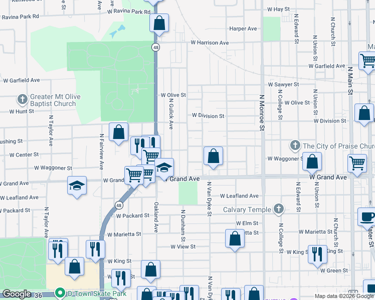 map of restaurants, bars, coffee shops, grocery stores, and more near 1001 West Center Street in Decatur