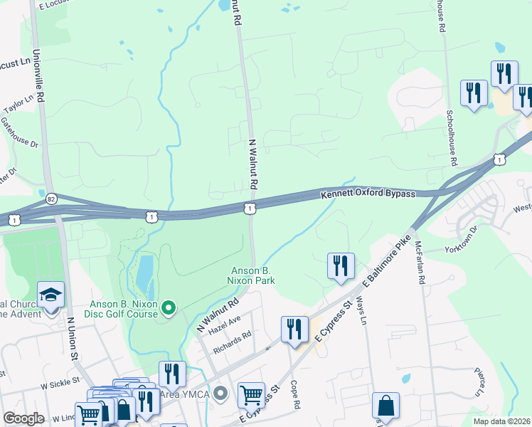 map of restaurants, bars, coffee shops, grocery stores, and more near 414 North Walnut Road in Kennett Square