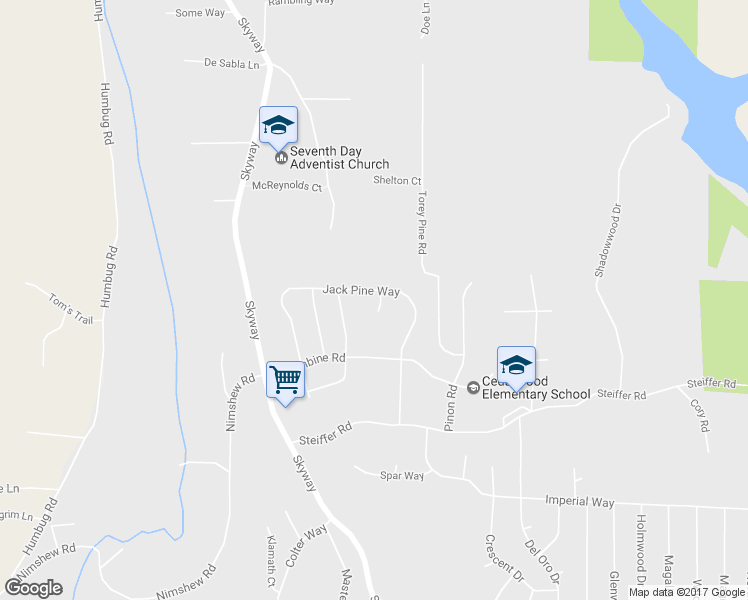 map of restaurants, bars, coffee shops, grocery stores, and more near 15053 Jack Pine Way in Magalia