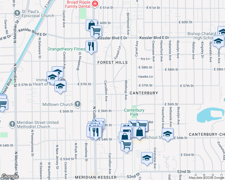 map of restaurants, bars, coffee shops, grocery stores, and more near 5670 Guilford Avenue in Indianapolis