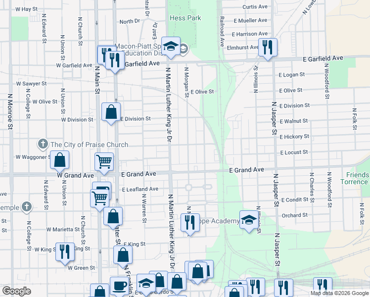 map of restaurants, bars, coffee shops, grocery stores, and more near 1435 North Morgan Street in Decatur