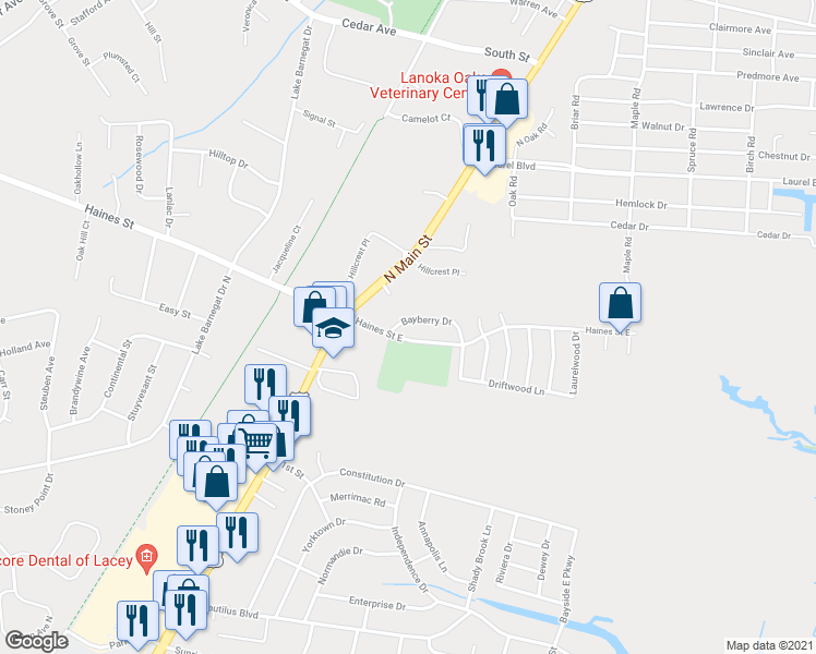 map of restaurants, bars, coffee shops, grocery stores, and more near 3 Bayberry Drive in Lacey Township