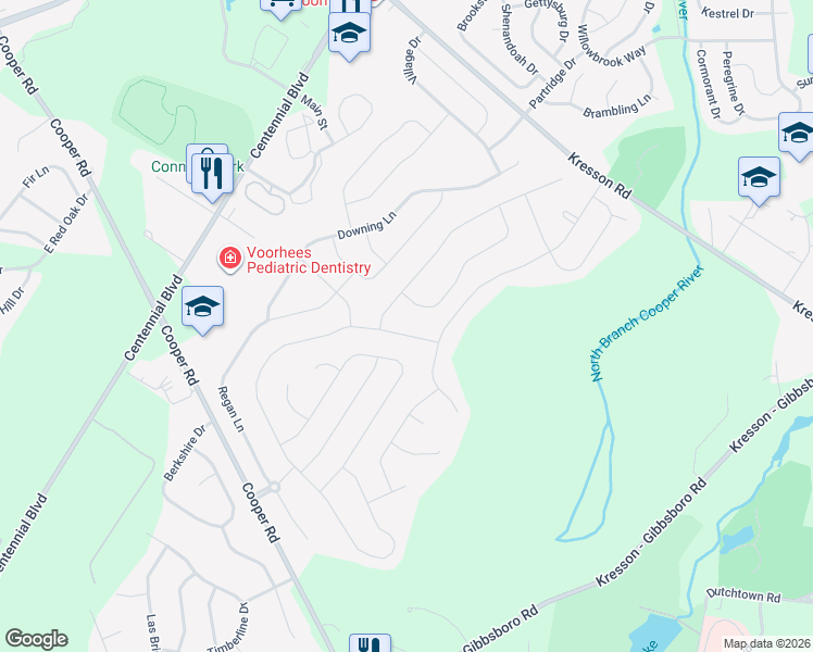 map of restaurants, bars, coffee shops, grocery stores, and more near 117 Bunning Drive in Voorhees Township