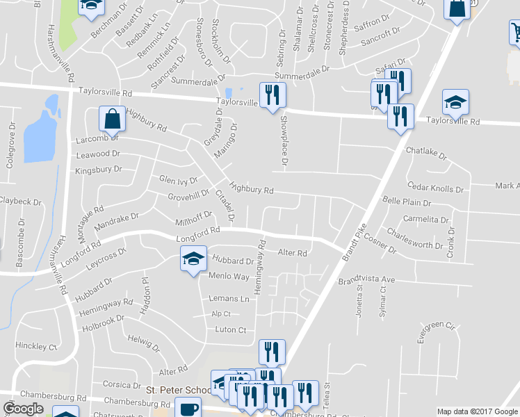 map of restaurants, bars, coffee shops, grocery stores, and more near 7127 Lunceford Drive in Dayton