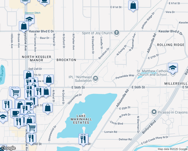 map of restaurants, bars, coffee shops, grocery stores, and more near 5618 Mead Court in Indianapolis
