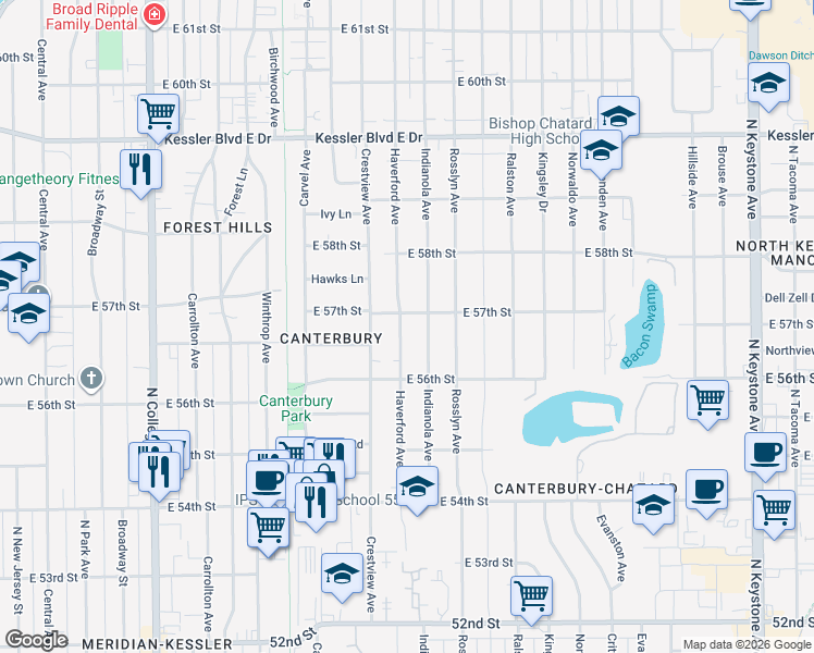 map of restaurants, bars, coffee shops, grocery stores, and more near 5649 Haverford Avenue in Indianapolis