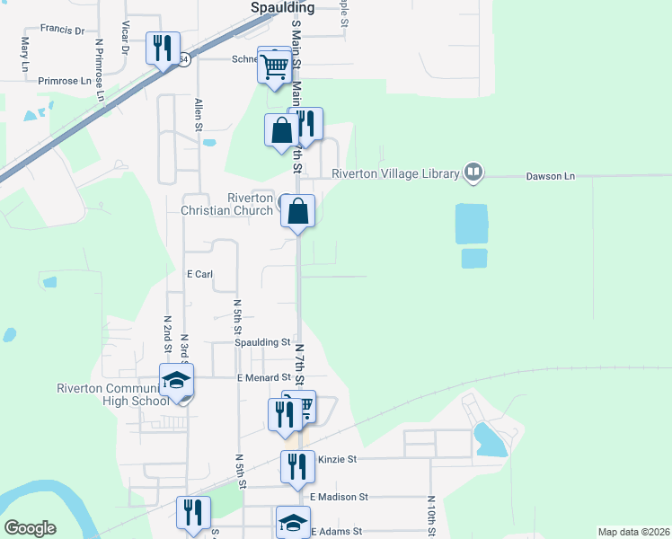 map of restaurants, bars, coffee shops, grocery stores, and more near 720 Breann Drive in Riverton