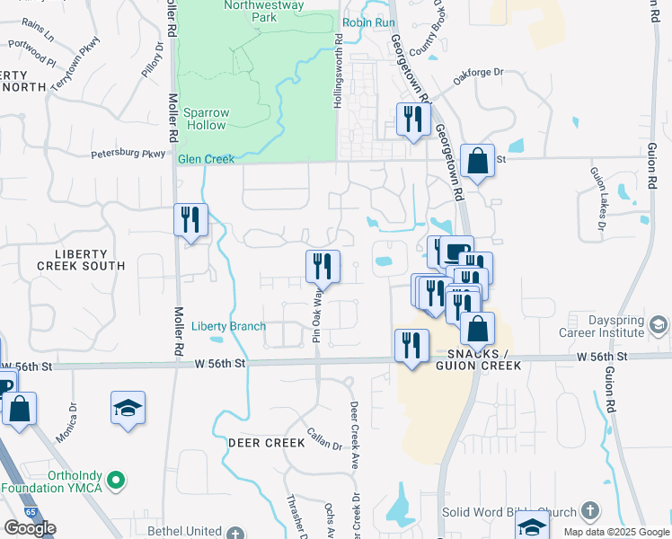 map of restaurants, bars, coffee shops, grocery stores, and more near 5762 Bur Oak Place in Indianapolis