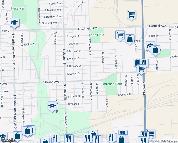 map of restaurants, bars, coffee shops, grocery stores, and more near 1464 East Locust Street in Decatur