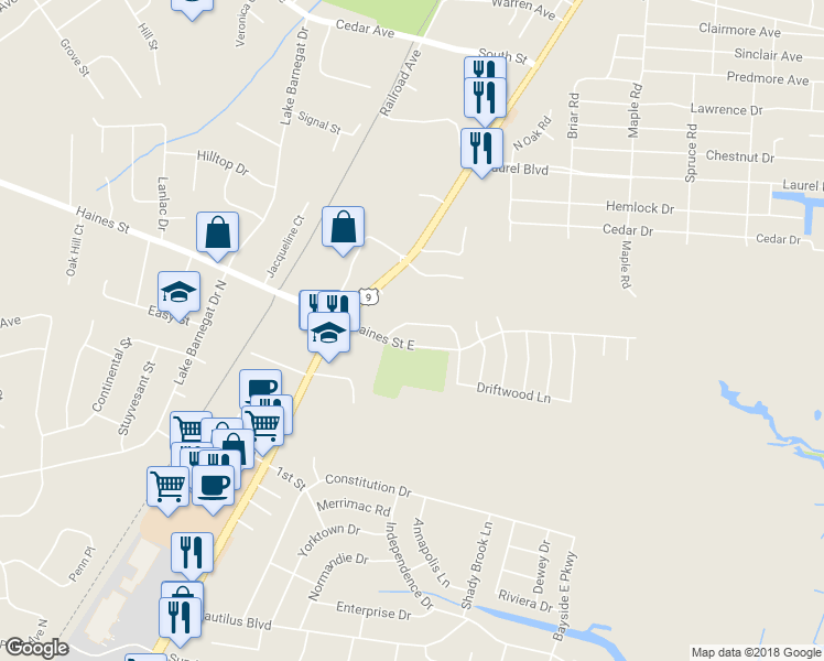 map of restaurants, bars, coffee shops, grocery stores, and more near 5 Bayberry Drive in Lacey Township