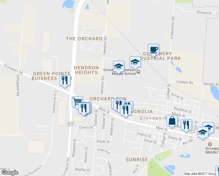 map of restaurants, bars, coffee shops, grocery stores, and more near 5128 Hendron Place in Groveport