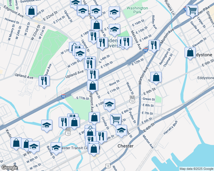 map of restaurants, bars, coffee shops, grocery stores, and more near 1125 Upland Street in Chester