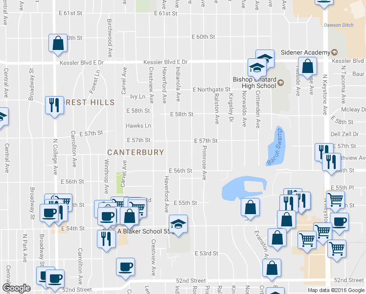 map of restaurants, bars, coffee shops, grocery stores, and more near 5649 Indianola Ave in Indianapolis