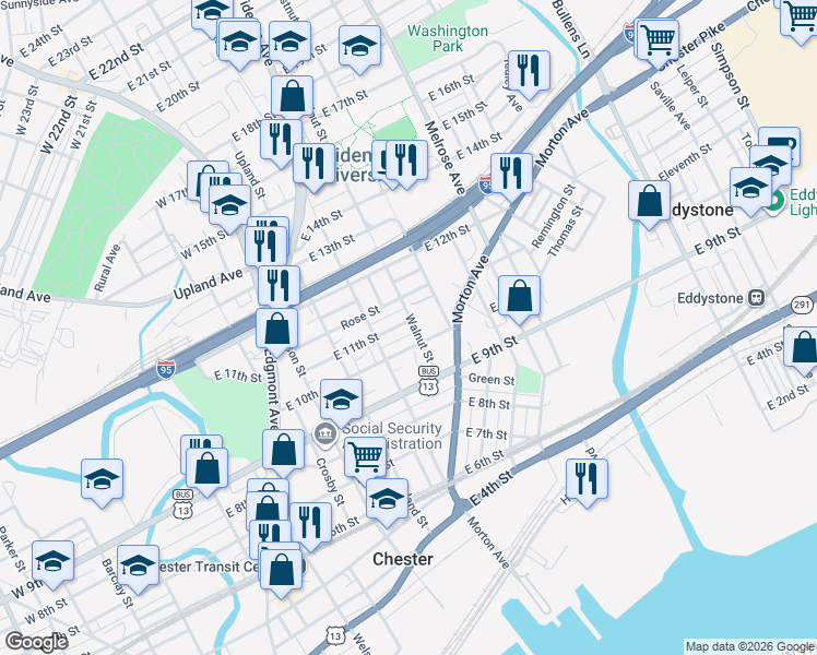 map of restaurants, bars, coffee shops, grocery stores, and more near 541 East 11th Street in Chester