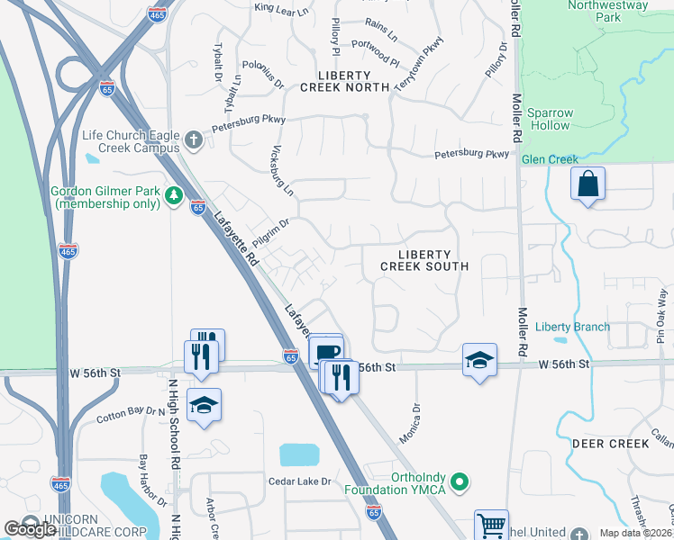 map of restaurants, bars, coffee shops, grocery stores, and more near 5740 Philadelphia Court in Indianapolis