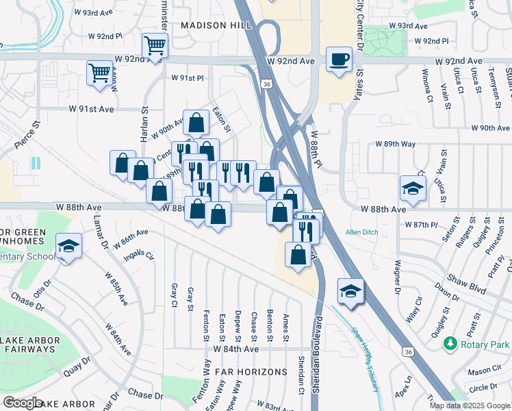 map of restaurants, bars, coffee shops, grocery stores, and more near 5471 West 88th Avenue in Westminster