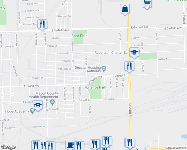 map of restaurants, bars, coffee shops, grocery stores, and more near 1746 East Locust Street in Decatur