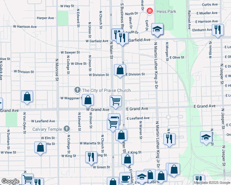 map of restaurants, bars, coffee shops, grocery stores, and more near 1500 North Main Street in Decatur