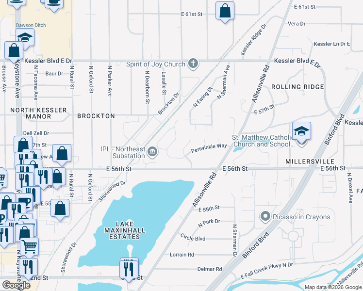 map of restaurants, bars, coffee shops, grocery stores, and more near 5626 Spindrift Lane in Indianapolis