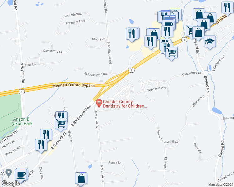map of restaurants, bars, coffee shops, grocery stores, and more near 301 Victoria Gardens Drive in Kennett Square