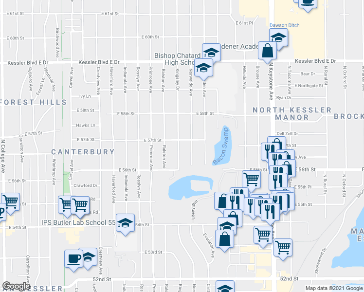 map of restaurants, bars, coffee shops, grocery stores, and more near 5633 Kingsley Drive in Indianapolis