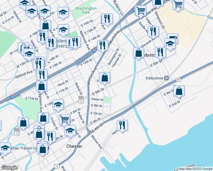 map of restaurants, bars, coffee shops, grocery stores, and more near 800 9th Street in Chester