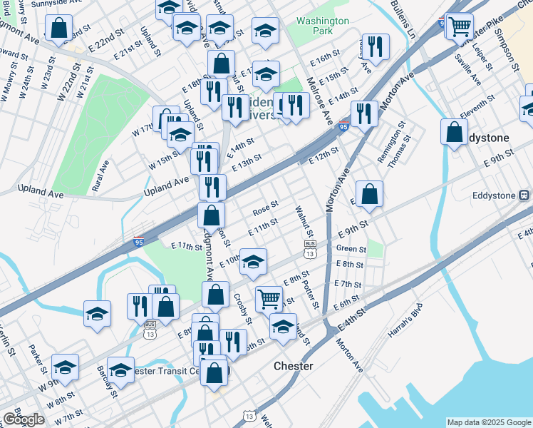 map of restaurants, bars, coffee shops, grocery stores, and more near 1112 Potter Street in Chester