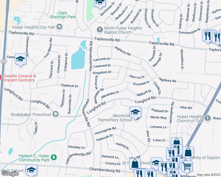 map of restaurants, bars, coffee shops, grocery stores, and more near 7152 Montague Road in Dayton